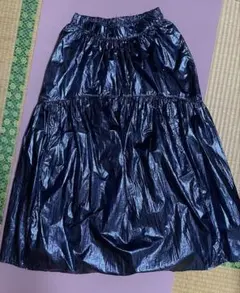 光沢 ロングスカート ネイビー フレア ウエストゴム