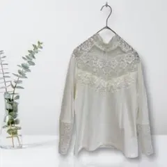 レース切り替え ハイネックトップス レースネック インナー 長袖 白 カットソー