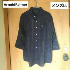 アーノルドパーマーメンズシャツLLネイビーチェック七分袖前ボタンのサムネイル