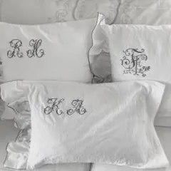 フランスアンティークリネンクロス*イニシャル刺繍ピローケース*ホワイト