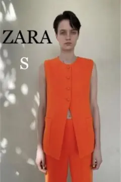 ZARA ベスト オレンジ ツイード ジレ ボタン テクスチャー  S 新品