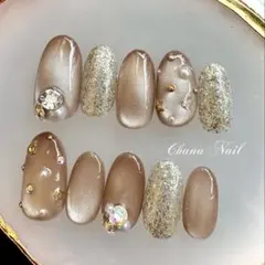 うる艶ブラウンマグネット 月星ビジューネイル サイズオーダーネイルチップ