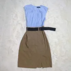 美品　ZARA ザラ　ベルト コントラスト ミディ　ワンピース　キャメルブルー
