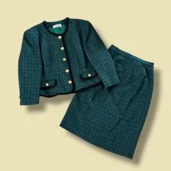 訳あり バブリースーツ セットアップ ツイード 金ボタン セレモニー グリーン