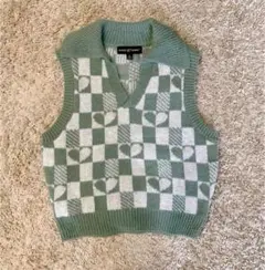 ノースリーブニット Vネック チェック柄