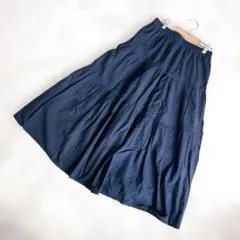 A3588ネイビーフレアスカート /ティアードデザイン/M/裏地/ウエストゴム