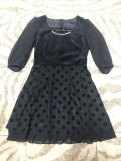【試着のみ】RyuRyu★結婚式異素材水玉 ドット柄七部袖ワンピース 9号・黒のサムネイル