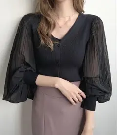 Futier land シアーパフスリーブ Vネックカーディガン