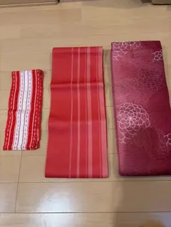 【美品】赤色 半幅帯 3点セット