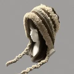 ニット帽 ボンネット バラクラバ 編み物 ハンドメイド ブラウン 森ガール