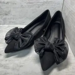 【美品】リボン付きフラットシューズ☆黒☆スエード☆24～24.5cm