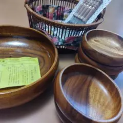 【未使用】天然木 手作り漆器 ボウルセット フォーク付き