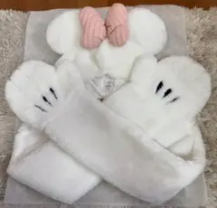 美品 ディズニーランド ミニーちゃん マフラー手袋付き帽子 ホワイト 手袋