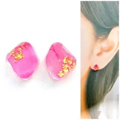 ピンク変形スクエア7mm鉱石ピアス/イヤリング　再販