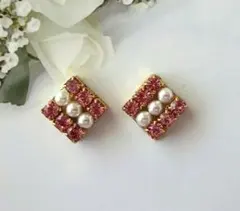 スワロフスキー☆スクエア形 ピンククリスタル&クリスタルパールピアス/イヤリング