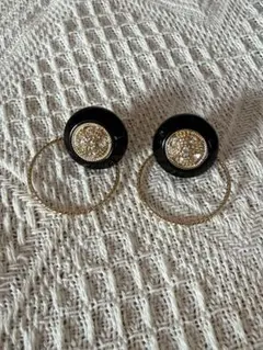 イヤリング 2way ヴィンテージボタン風 ヴィンテージ ゴールド ブラック
