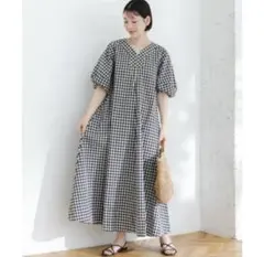 FbyROSSOギンガムチェック5分袖ワンピースブラック◆アーバンリサーチロッソ