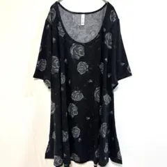 ルラロー チュニック クルーネック 半袖 薔薇 2XL 黒 お出かけ ゆったりのサムネイル