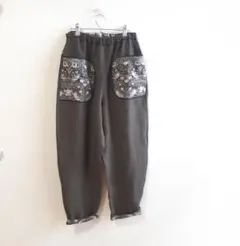 ハンドメイド☆1点もの[L~LLくらい]リネン四角ポケットパンツ　モスグリーン