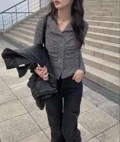 anyonemore襟付きスキッパースリムリブカーディガン
