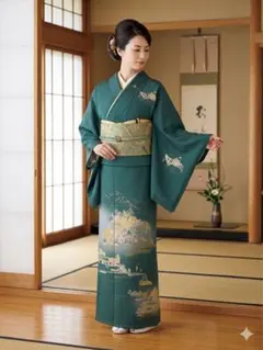 【新品・しつけ付き】訪問着　袷　緑　友禅　正絹　身丈149cm　裄64cm