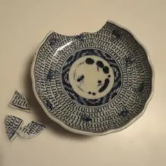 【欠けあり】明治大正　染付 輪花皿 アンティーク　小皿　金継ぎ　骨董