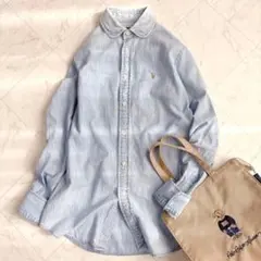 【ポロラルフローレン】デニムシャツ　シャンブレー　丸襟　ポニー刺繍　水色　Y2K