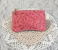 本革 コインケース バラ型押しコーラルピンク レザークラフト ハンドメイド