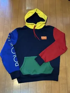 HI TECH POLO フーデットパーカー 青×黄×緑×赤×紺ブロックM美中古