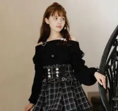 LIZLISA レースアップスリーブオフショルニット 黒