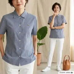 LACOSTE ラコステ【40】ギンガムチェック半袖シャツ L 刺繍入り 紺×白