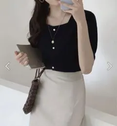 JUNOAHジュノア　 ブラック 半袖 パールボタンスクエアネックブラウス