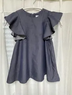 タルティーヌエショコラ100サイズ 　フリル袖デニムフレアワンピース　ブルー