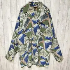 レトロ　総柄　ノーカラー長袖シャツ　アート柄　ビンテージ古着