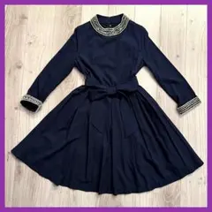 ルイルエブティック ビジュー パール フレアワンピース 濃紺 Lサイズ 美品