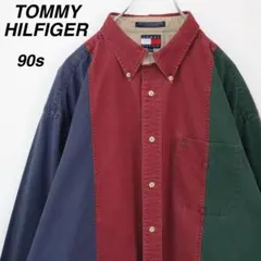 【90s】トミーヒルフィガー BDシャツ 刺繍ロゴ アシンメトリー ビンテージ