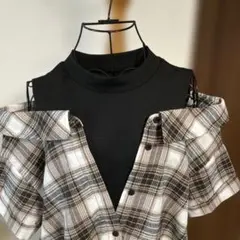 ブラウン　オフショルダー チェック柄　半袖シャツ Ｍサイズ 新品タグ付