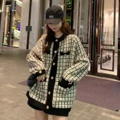 【送料無料】F ツイードニットカーディガン ボレロ 長袖 チェック柄 厚手