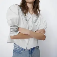 ZARA 刺繍入りホワイト七分袖シャツ