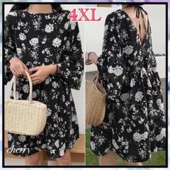 ワンピース ミニ丈 4XL 黒花柄 ボタニカル柄 チュニック オーバーサイズ