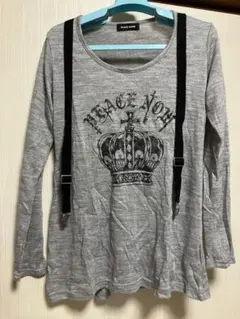 PEACE NOWサスペンダー風長袖Tシャツ杢グレー王冠柄プリント黒色クラウンのサムネイル