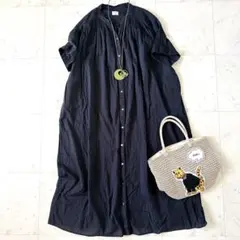 美品*ドアーズ コットンボイルハーフスリーブワンピース ゆったり 黒 ロング