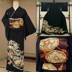 美品　黒留袖 袋帯　 末広　帯締め　５点セット　結婚式　扇面双鶴文　松竹梅　礼装