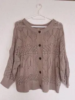 透かし編み ベージュ ブラウン カーディガン Mサイズ 7分袖