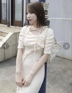 Areeam】美品 ジャガードパフスリーブチュールワンピース ホワイト 5