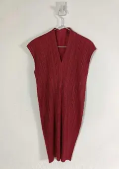 PLEATSPLEASE Vネックワンピース サイズ4 XL相当 ワインレッド
