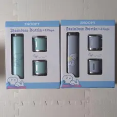 【2個セット】SNOOPY ステンレスボトル+2カップ グレー＆ミントグリーン
