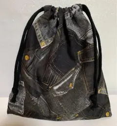 デニム風　ブラック　巾着袋　ハンドメイド