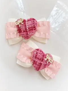 キッズ　ヘアゴム　リボン　リボンゴム　ハンドメイド　ハート　ツイード　ピンク