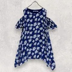 レイカズンファボリ 花柄 ブラウス M ネイビー フレア袖 肩開き 可愛いのサムネイル